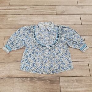 Saison de la Fleur  100% organic cotton blue white floral smocked frill blouse S